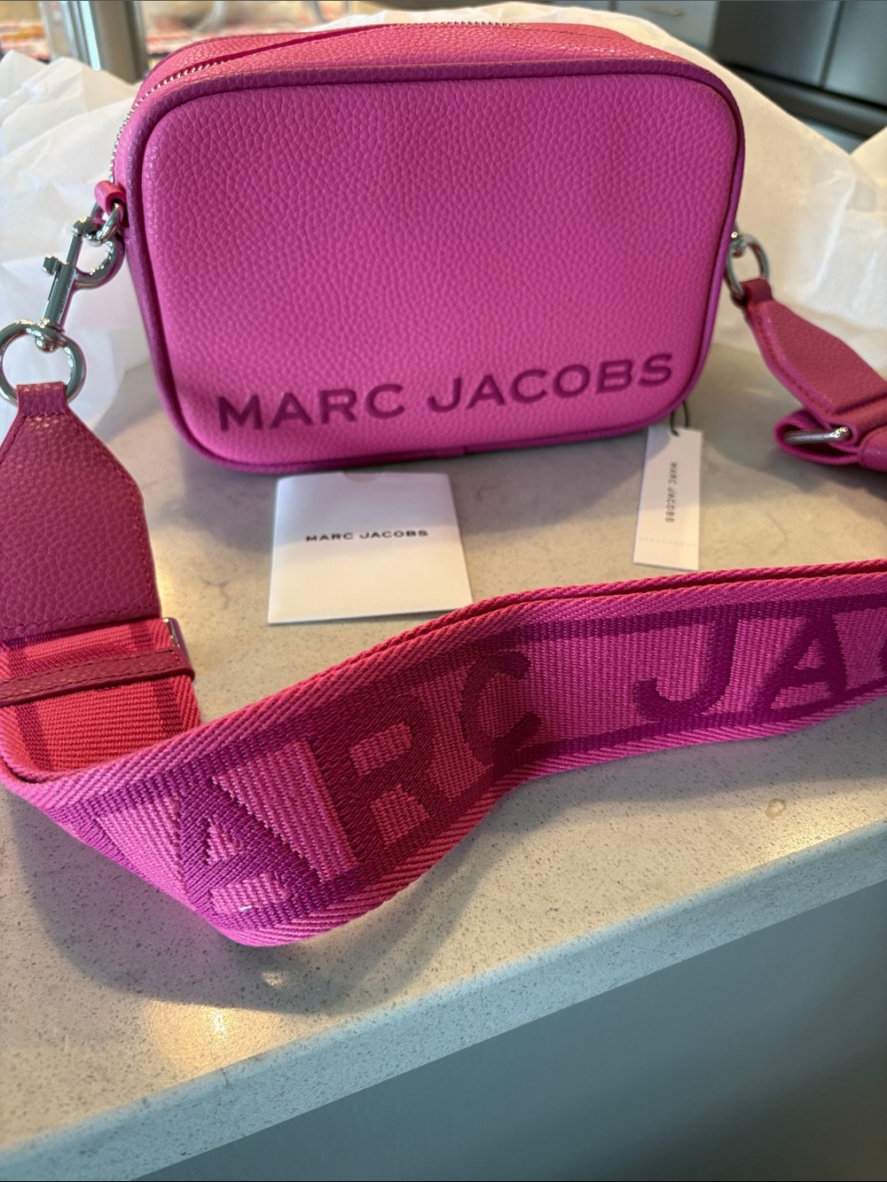 Marc Jacobs Bright Pink Pebbled Camera Crossbody with Logo Webbing Strap